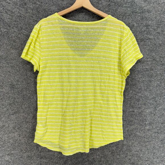 Gap T-Shirt Women M Medium Yellow Striped V-Neck Short Sleeve Linen Casual - Picture 2 of 7